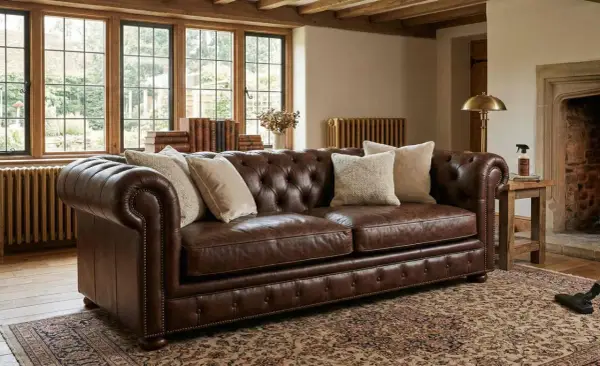 Brun Chesterfield-soffa i anilin skinn med knappad rygg och armstöd. Prydnadskuddar och en antik matta ger en varm känsla.
