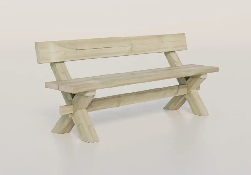 En robust träbänk med ryggstöd, perfekt för trädgården eller uteplatsen.